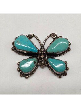 Sterling Silver Butterfly-Shaped Brooch With Turquoise Gemstone Accents 1.5"